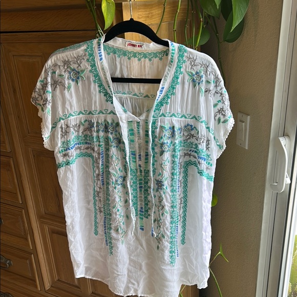 Johnny Was White and Green Embellished Blouse with Mandarin Collar - Picture 1 of 8